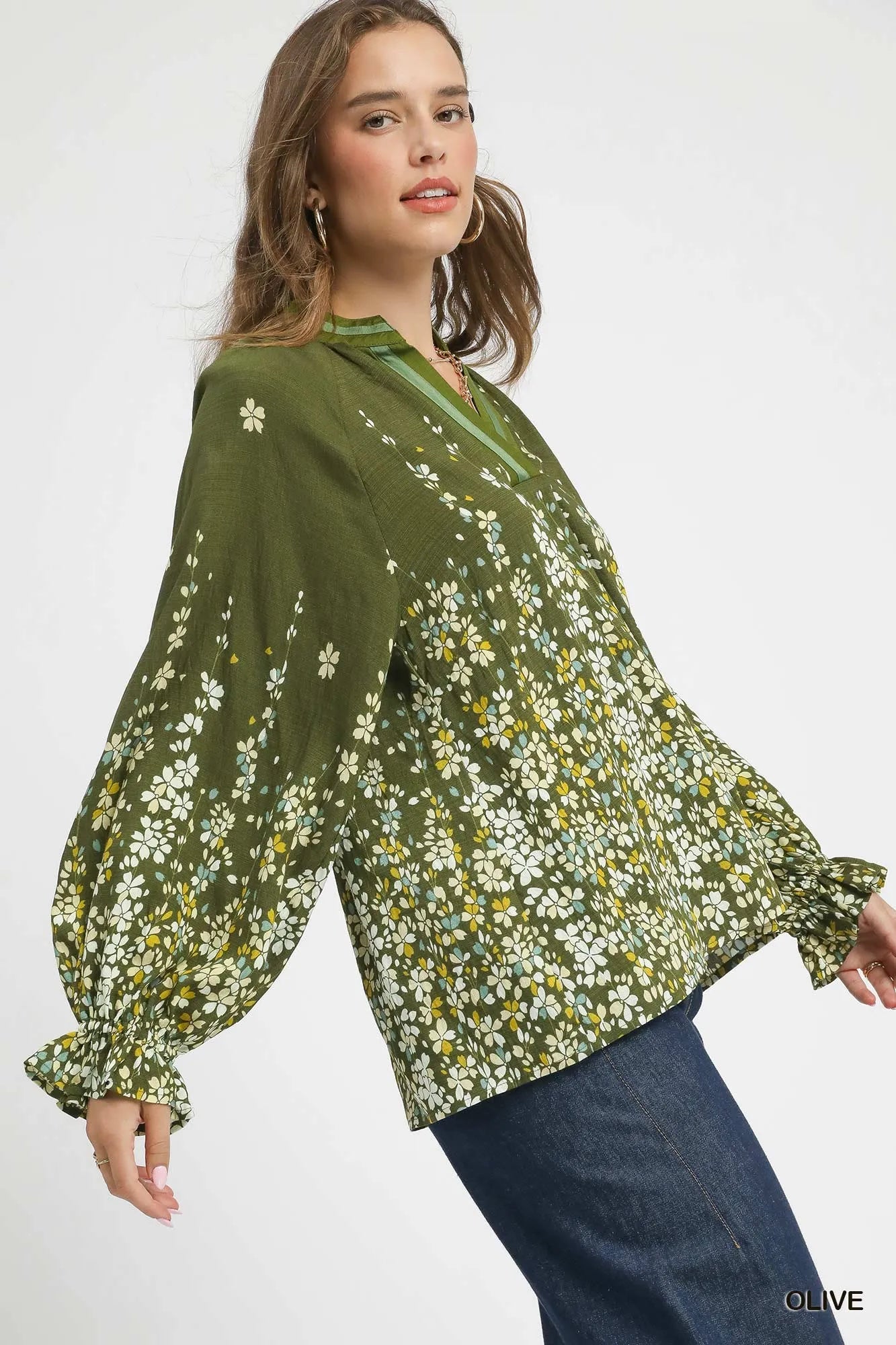 Olive green Umgee floral vine print blouse with balloon sleeves, featuring a relaxed fit and feminine design.