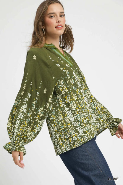 Olive green Umgee floral vine print blouse with balloon sleeves, featuring a relaxed fit and feminine design.