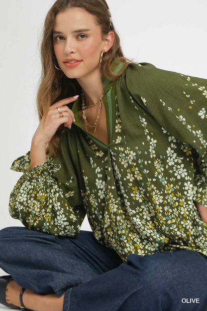 Olive green Umgee floral vine print blouse with balloon sleeves, featuring a relaxed fit and feminine design.