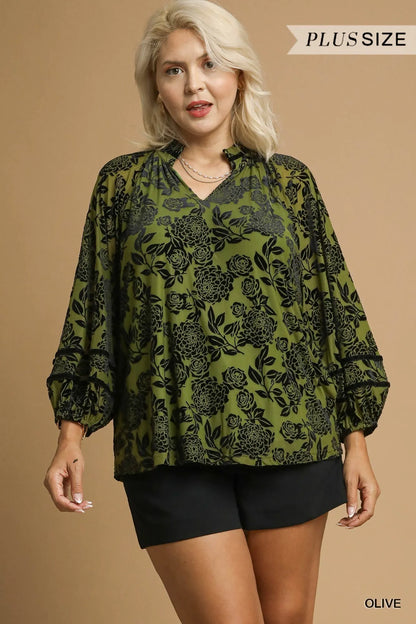 Plus size floral velvet blouse by Umgee with balloon sleeves, shown in olive color, from Trendsi.