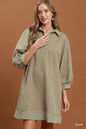 Olive green Umgee striped contrast belted puff sleeve mini dress with a fitted waist and stylish design.
