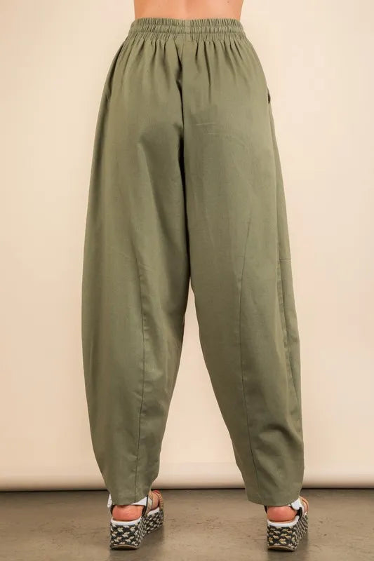 Olive green Very J Solid Barrel Comfy Woven Pants by Trendsi, featuring a relaxed fit with a woven texture and elastic waistband.