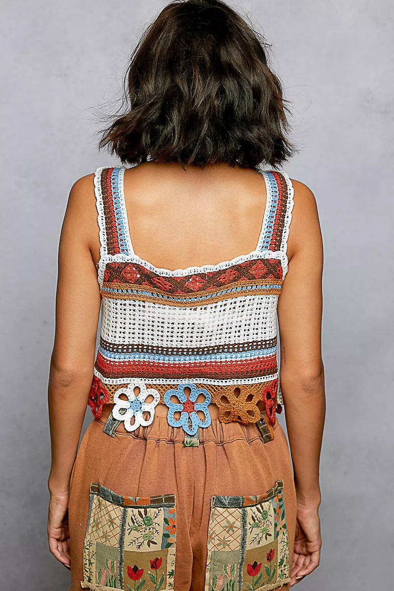 Orange multi POL Cutout Flower Cropped Crochet Cami by Trendsi with dangle details and floral design, perfect for summer wear.