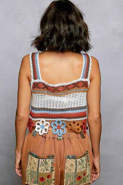Orange multi POL Cutout Flower Cropped Crochet Cami by Trendsi with dangle details and floral design, perfect for summer wear.