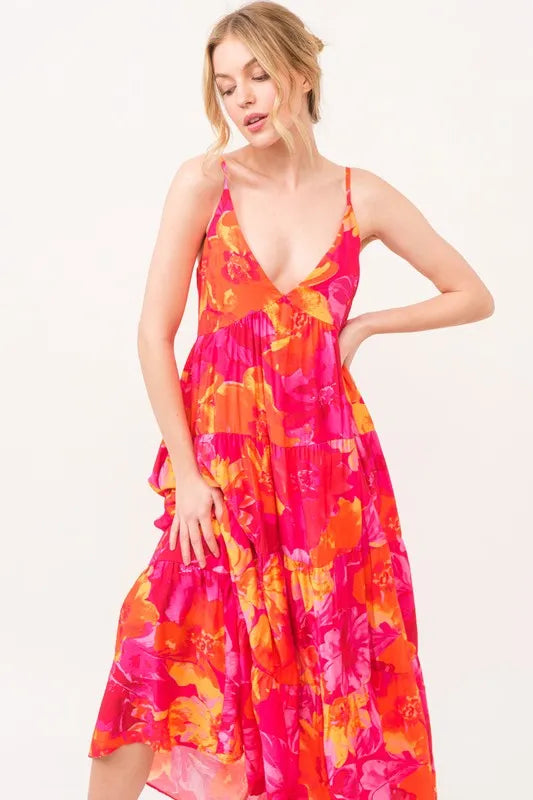 Orange multi floral tiered maxi cami dress with pockets from Trendsi, featuring a flowy silhouette and adjustable straps.