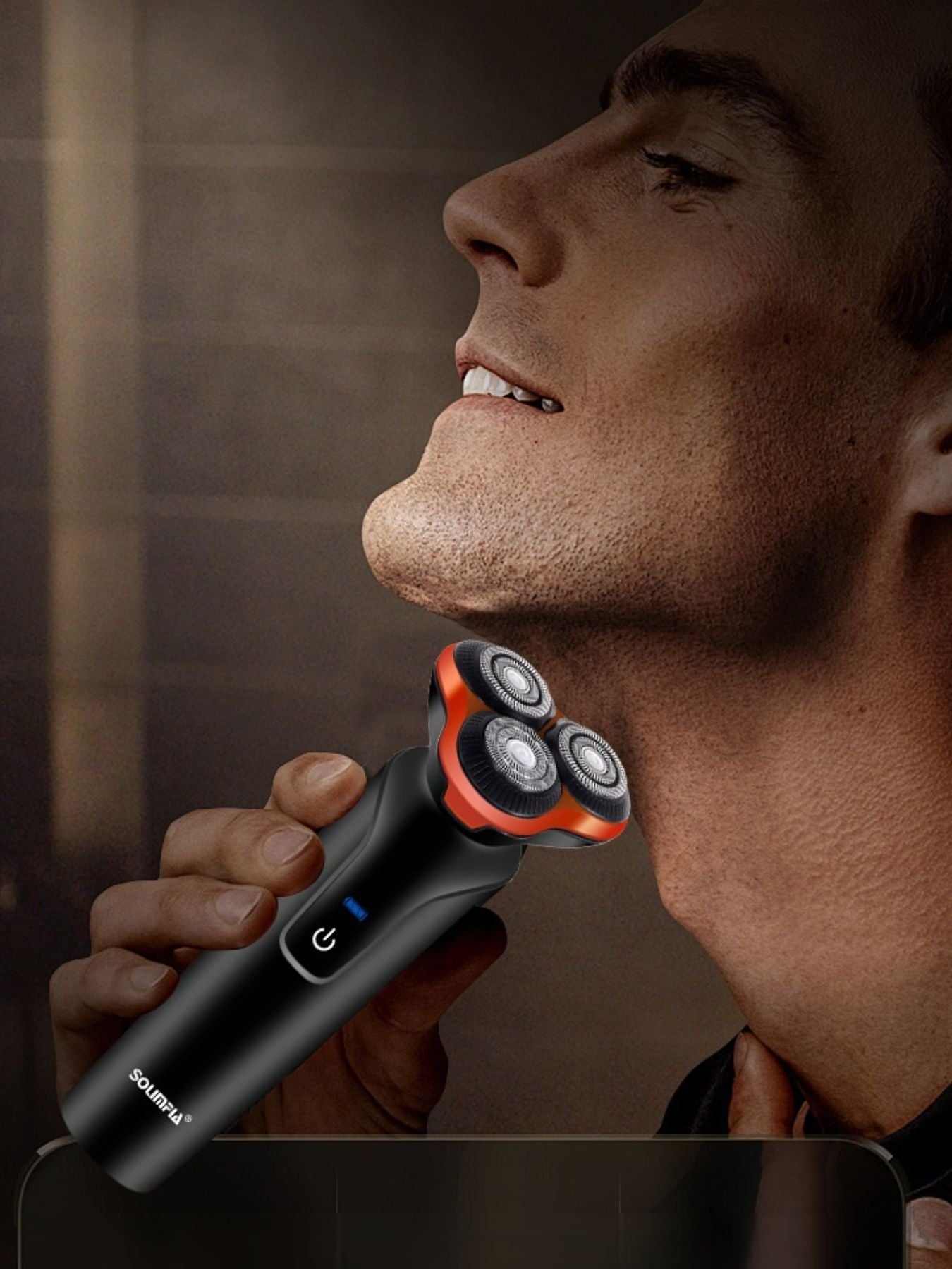 Orange 3-head rotary electric shaver by Trendsi with a sleek design, suitable for close and comfortable shaving.
