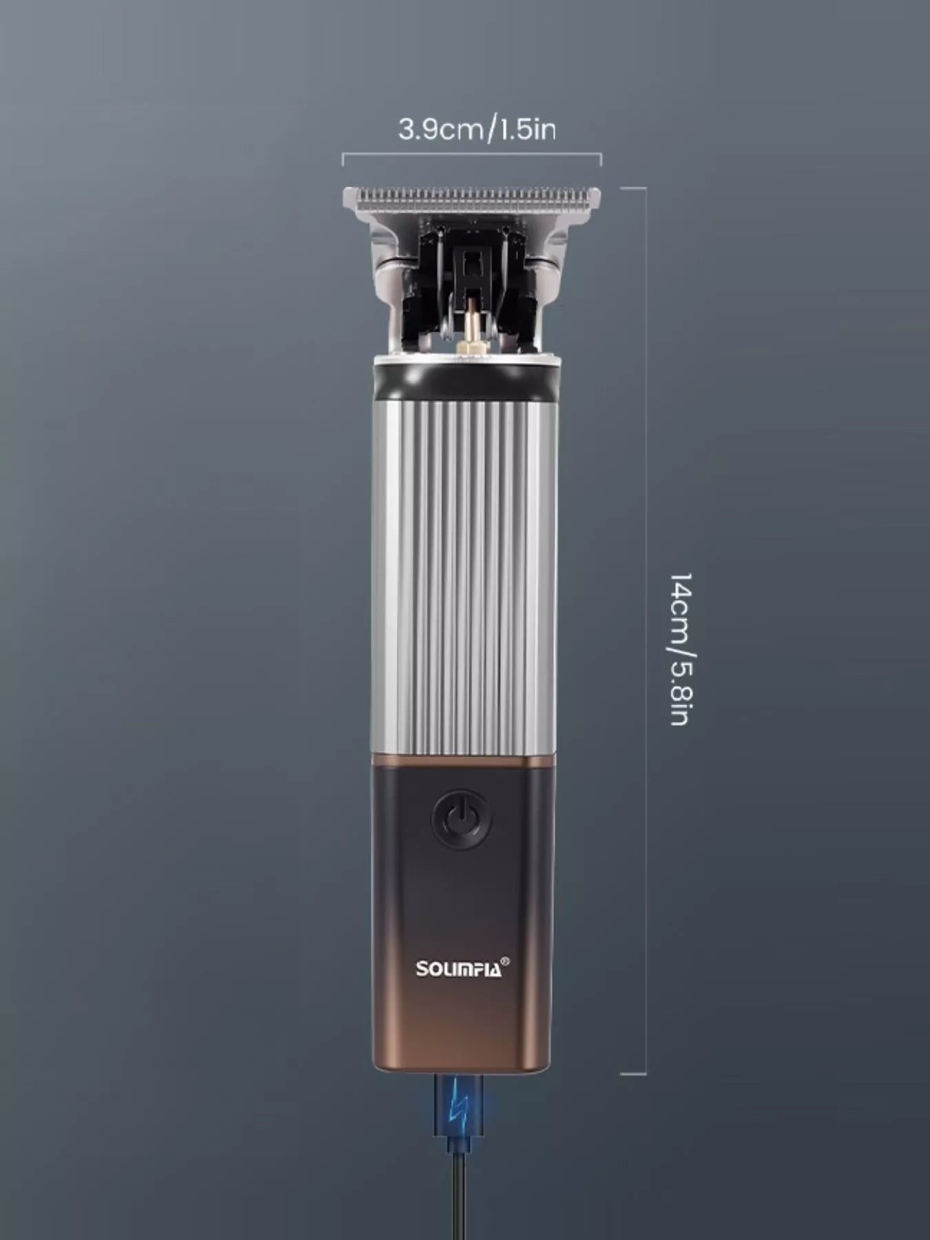 Rechargeable cordless hair clipper from Trendsi with orange handle, showing close-up of blades and ergonomic design.