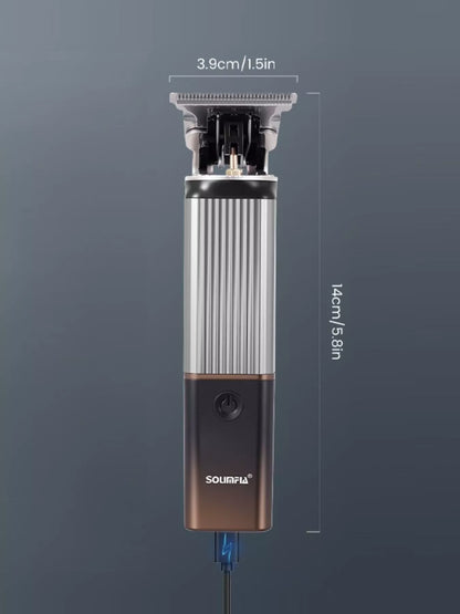 Rechargeable cordless hair clipper from Trendsi with orange handle, showing close-up of blades and ergonomic design.
