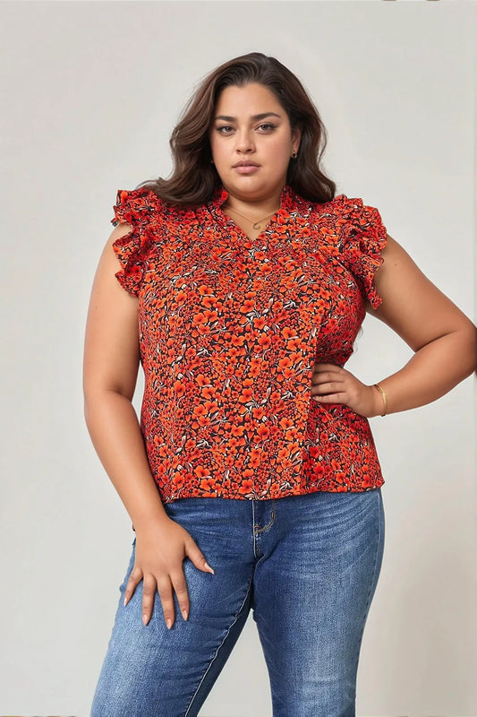 Orange-red floral flutter sleeve blouse with notched neckline from Trendsi, showcasing lightweight fabric and stylish design.