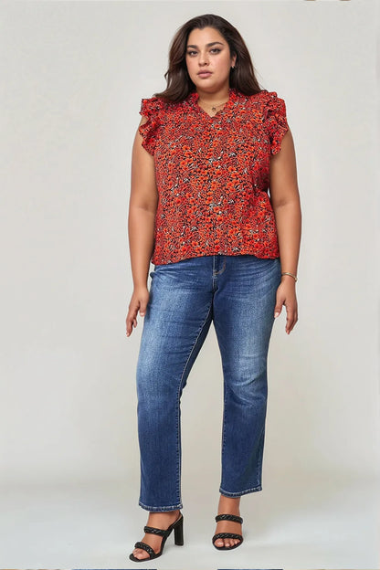 Orange-red floral flutter sleeve blouse with notched neckline from Trendsi, featuring a stylish, feminine design.