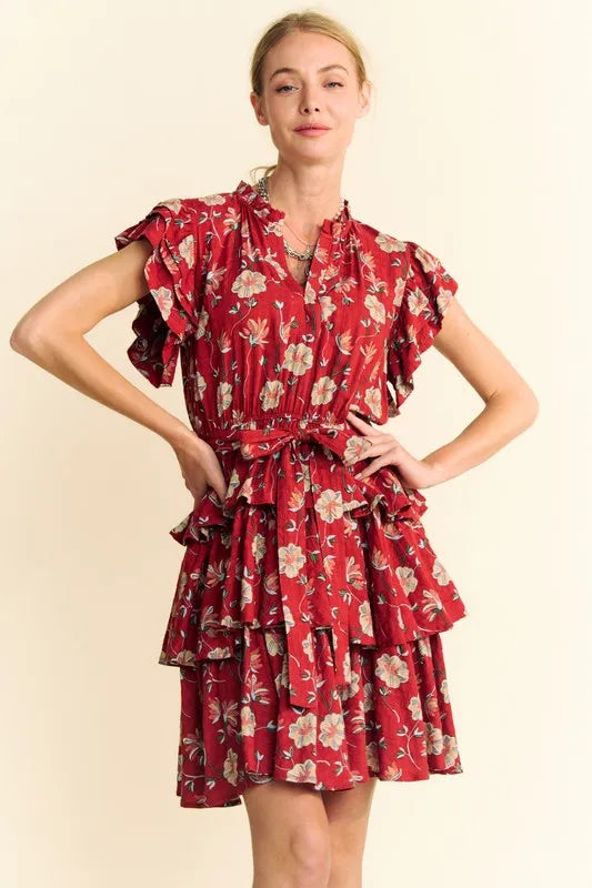 Orange rust Davi & Dani mini dress with ruffle flutter sleeves, tie belt, and tiered skirt from Trendsi.