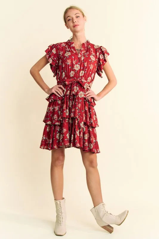 Orange rust Davi & Dani tiered mini dress with ruffle flutter sleeves and tie belt from Trendsi.