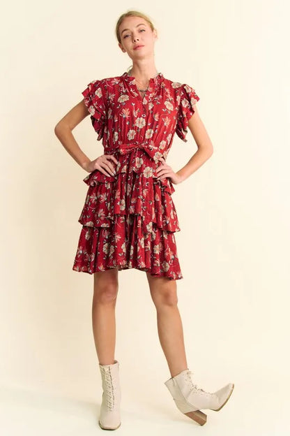 Orange rust Davi & Dani tiered mini dress with ruffle flutter sleeves and tie belt from Trendsi.