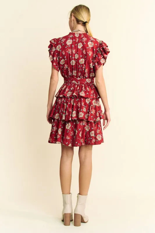 Orange rust Davi & Dani tiered mini dress with ruffle flutter sleeves and tie belt, perfect for casual and summer wear.