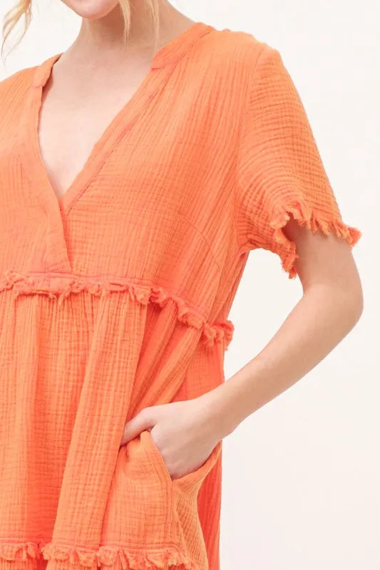 Orange washed frayed detail tiered dress from Trendsi, featuring a relaxed fit and layered design, perfect for casual wear.