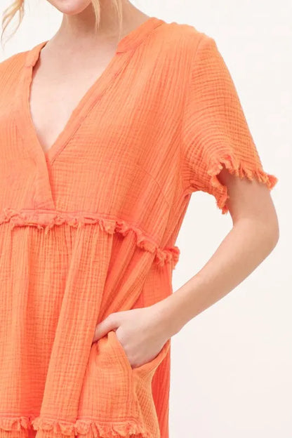 Orange washed frayed detail tiered dress from Trendsi, featuring a relaxed fit and layered design, perfect for casual wear.