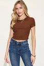 Orange Trendsi Basic Bae ribbed round neck short sleeve T-shirt, full size, casual and comfortable women's top.