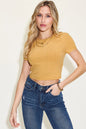 Orange Trendsi Basic Bae ribbed round neck short sleeve T-shirt, full size, casual fit, soft fabric, on a plain background.