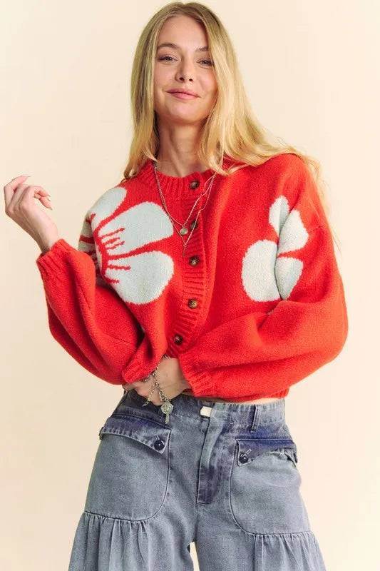 Orange Davi & Dani flower contrast round neck long sleeve cardigan, casual knit with floral pattern and ribbed cuffs.