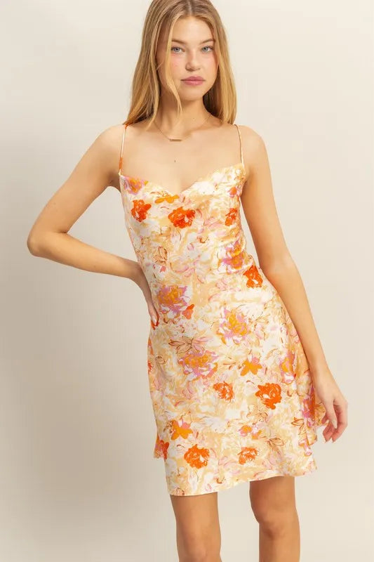 Orange floral satin mini dress with cowl neck by HYFVE, featuring a flirty, elegant design perfect for stylish occasions.