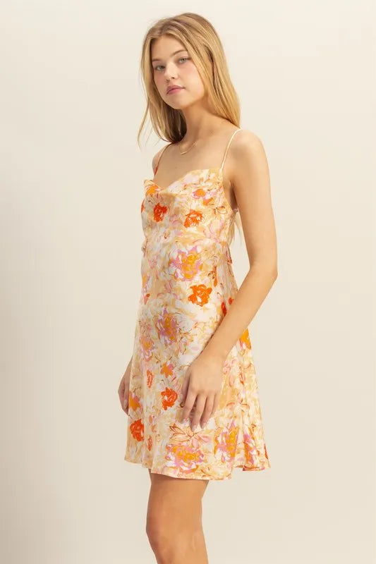 Orange floral satin mini dress by HYFVE with a cowl neck, featuring a flirty style and lightweight, elegant fabric.