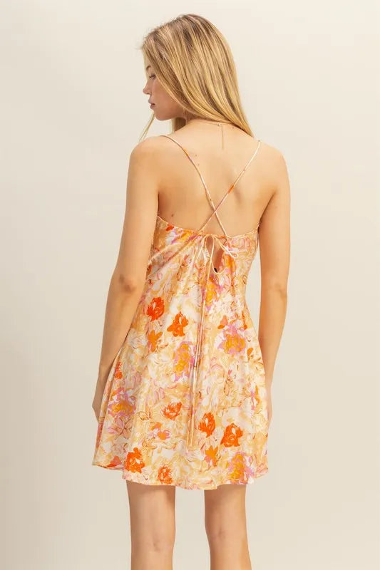 Orange floral satin mini dress with cowl neck and flirty design by HYFVE, perfect for stylish occasions.