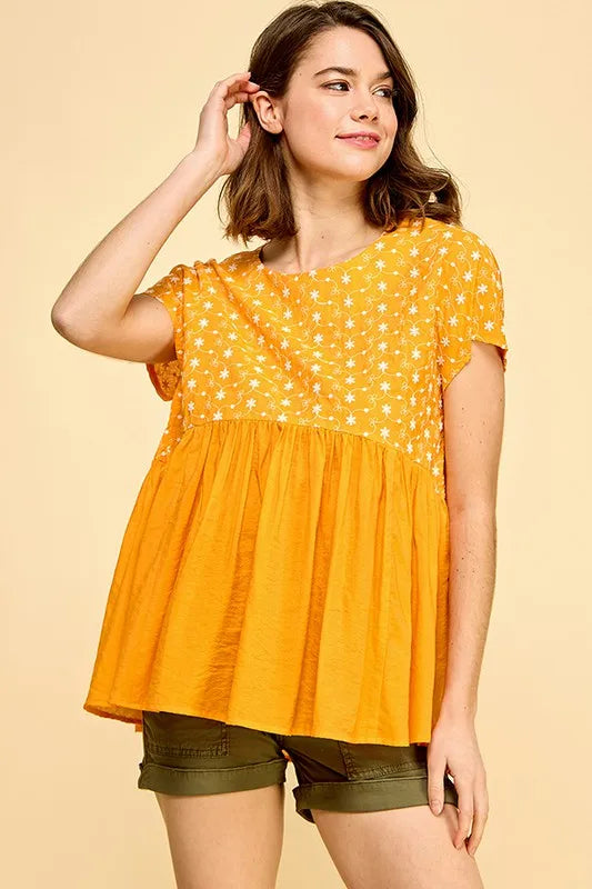 Orange Lime 'N' Chili embroidered short sleeve pleated babydoll top, trendy women's blouse with colorful embroidery and pleats.