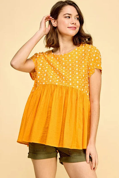 Orange Lime 'N' Chili embroidered short sleeve pleated babydoll top, trendy women's blouse with colorful embroidery and pleats.
