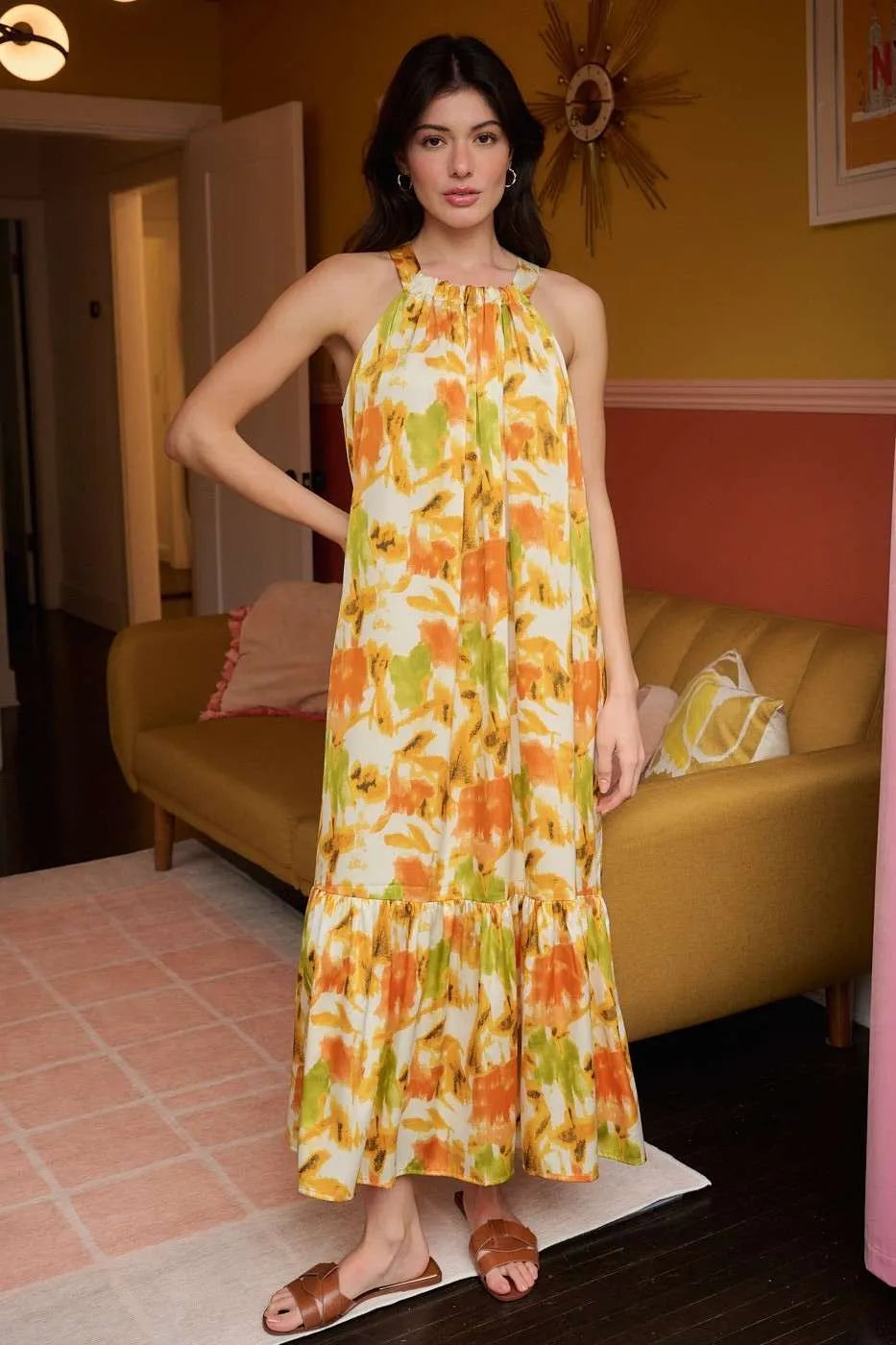 Orange watercolor print satin maxi dress with halter neck from Mittoshop, stylish and flowy for elegant summer occasions.