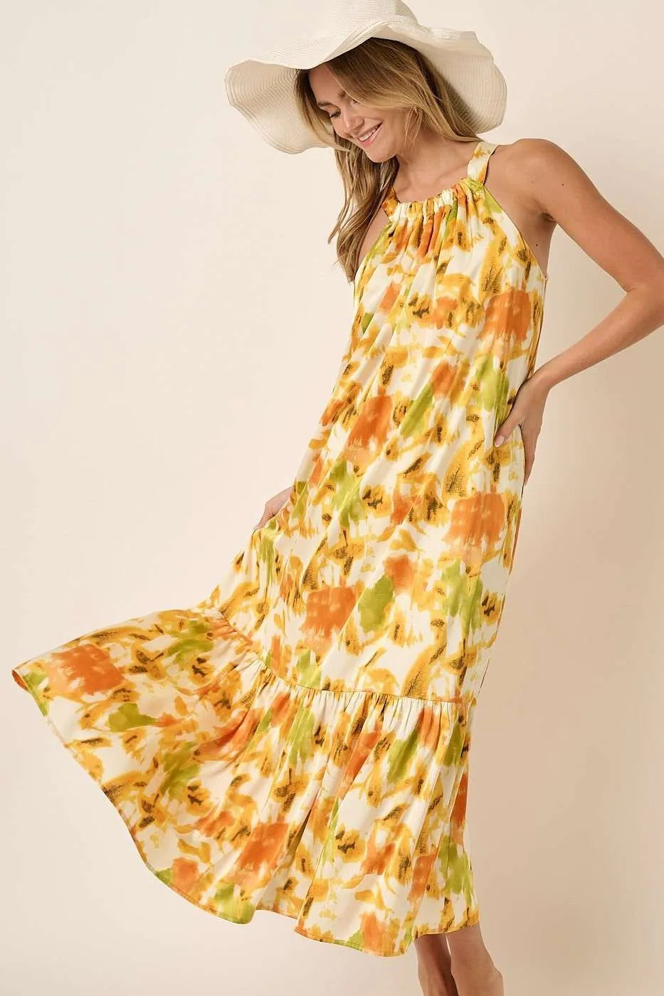 Orange watercolor print satin maxi dress with halter neck from Mittoshop, stylish and flowing for elegant summer wear.