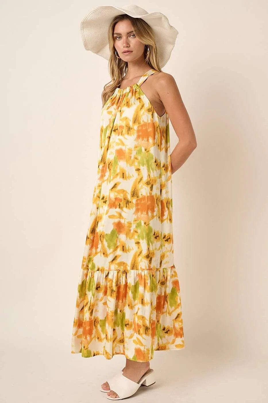 Orange watercolor print halter neck satin maxi dress from Mittoshop, featuring a flowing design and elegant style.