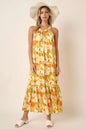 Orange watercolor print satin maxi dress with halter neck by Mittoshop, featuring a flowing silhouette and elegant design.