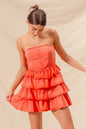 Orange strapless ruffle layered cheer-up dress by Trendsi, designed for game day, featuring a flattering fit and playful ruffle details.