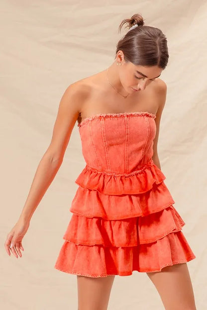 Orange strapless ruffle layered cheer-up dress by Trendsi, featuring a playful, flared design perfect for game days and casual wear.