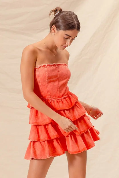 Orange strapless cheer-up dress with ruffle layered design, perfect for game day, by Trendsi.