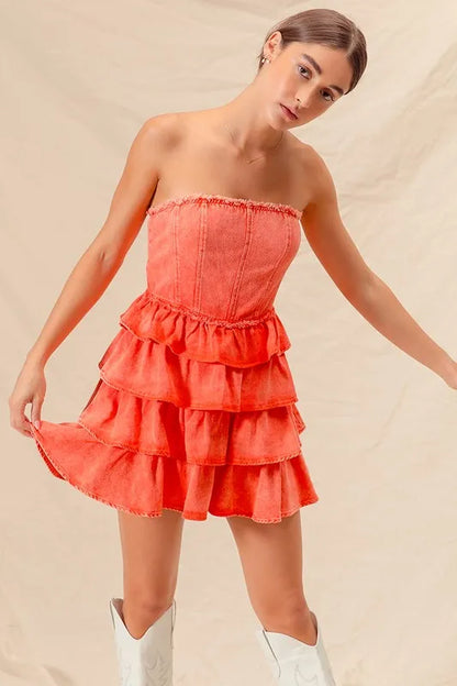 Orange strapless cheer-up dress by Trendsi featuring ruffle layers, perfect for game day or casual summer events.