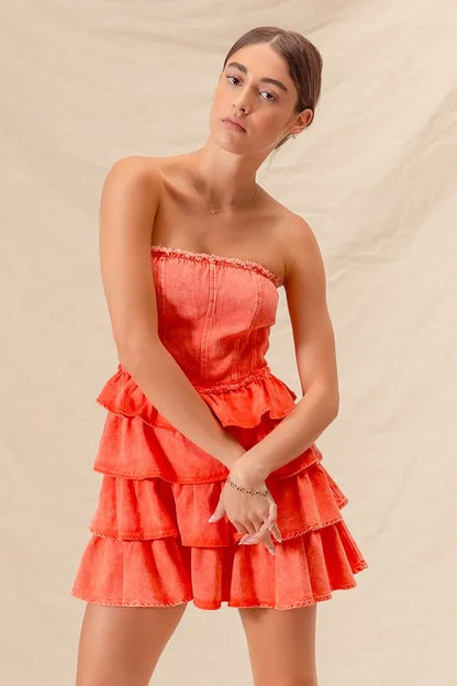 Orange strapless cheer dress with ruffle layers, perfect for game day, by Trendsi.