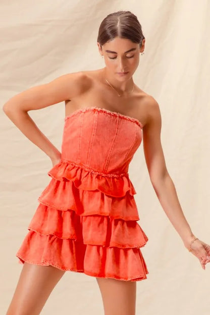 Orange strapless cheer dress with ruffle layers, perfect for game day, by Trendsi.