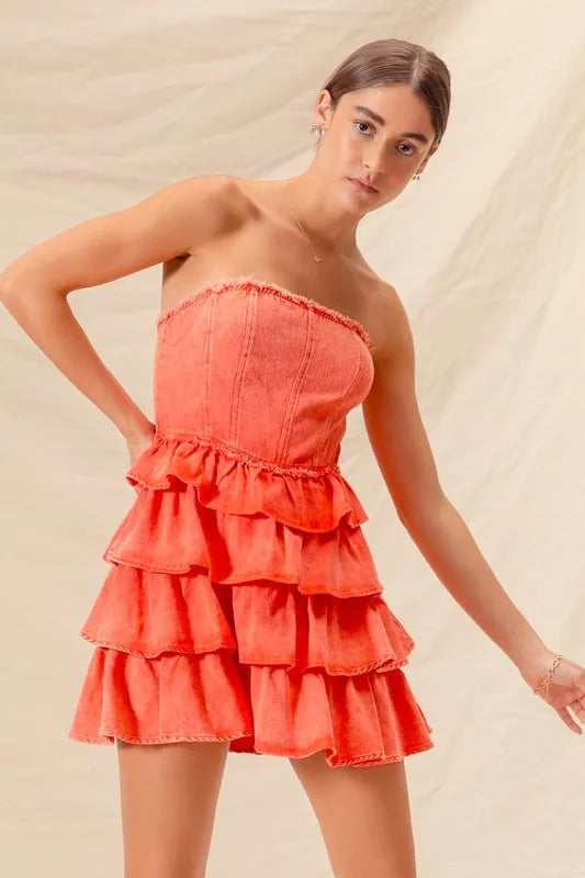 Orange strapless ruffle layered cheer-up dress by Trendsi, featuring a playful design and layered fabric for game day cheerleading.