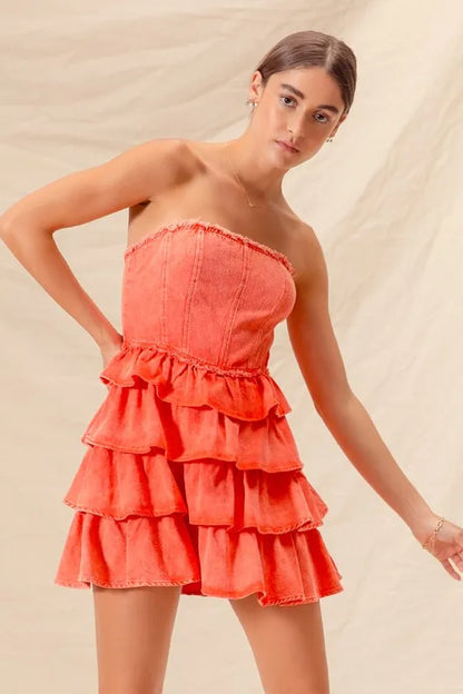Orange strapless ruffle layered cheer-up dress by Trendsi, featuring a playful design and layered fabric for game day cheerleading.