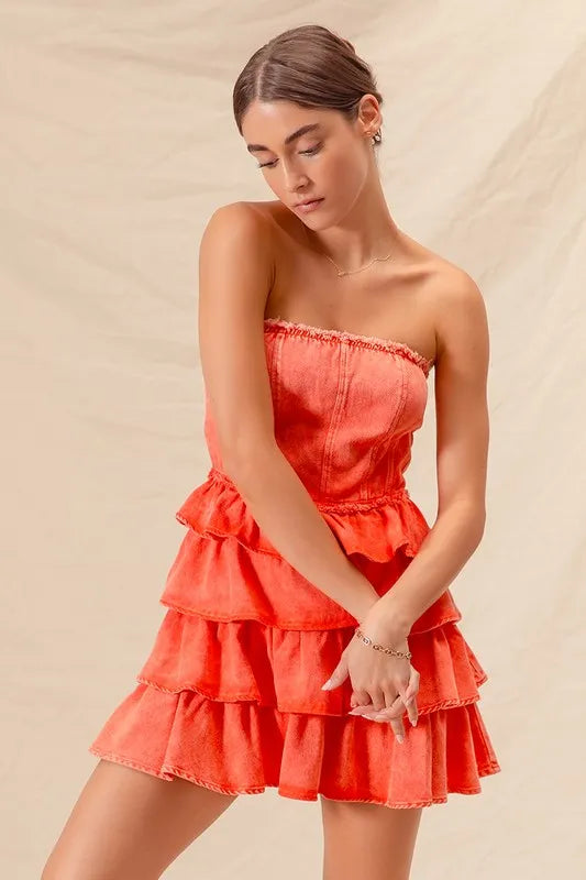 Orange strapless cheer-up dress with ruffle layered design, perfect for game day, by Trendsi.
