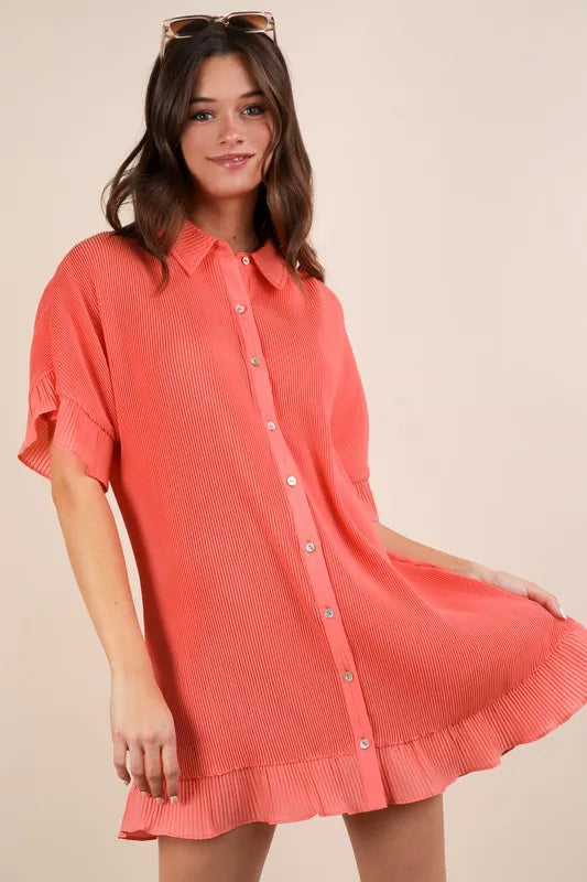 Orange Very J mini dress with pleated details and button-down front, stylish and casual for warm weather.