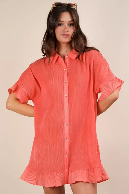 Orange Very J mini dress with pleated details and button-down front, by Trendsi, shown on a model.
