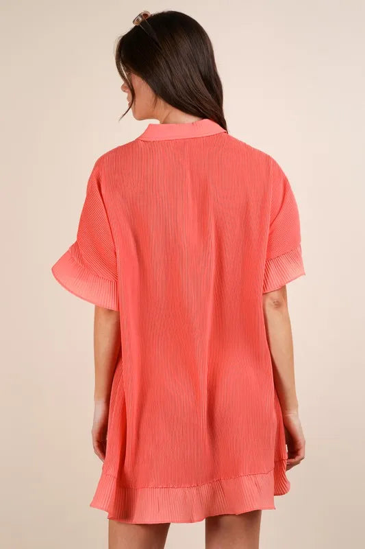 Orange Very J pleated detail button-down mini dress by Trendsi featuring a tailored fit and stylish design.