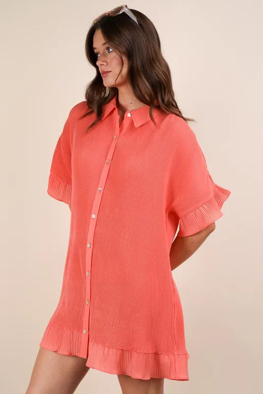 Orange Very J pleated detail button-down mini dress by Trendsi featuring a collared neckline and long sleeves.