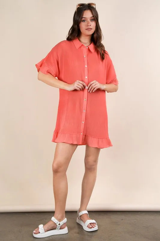 Orange Very J pleated detail button-down mini dress from Trendsi, featuring a stylish silhouette and classic collar.