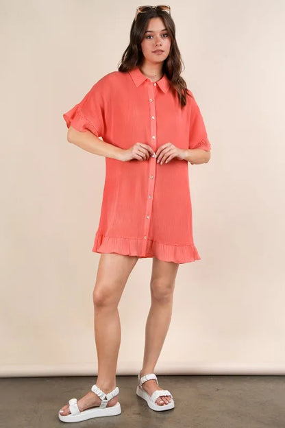 Orange Very J pleated detail button-down mini dress from Trendsi, featuring a stylish silhouette and classic collar.