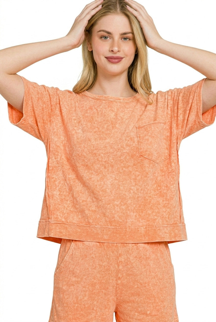 Orange Zenana Halo snow-washed boxy top and shorts set by Trendsi, casual loungewear with relaxed fit and soft fabric.
