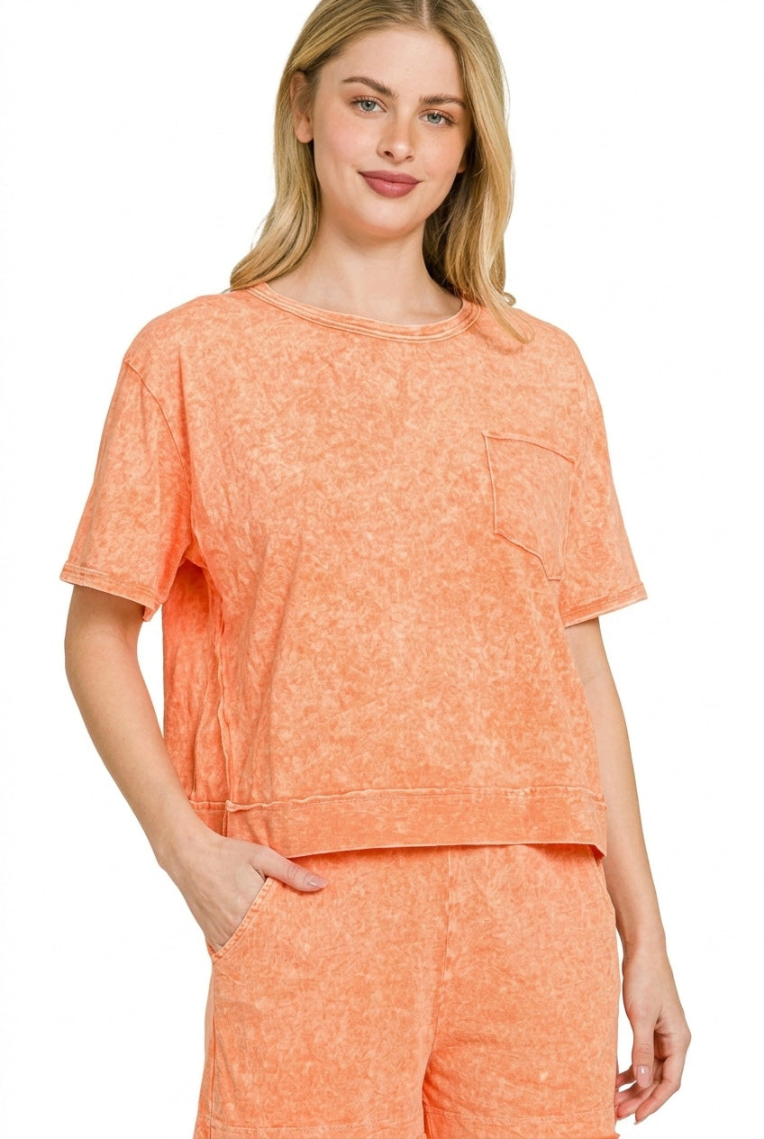Orange Zenana Halo snow washed boxy top and shorts set featuring a relaxed fit and casual style, perfect for comfortable summer wear.