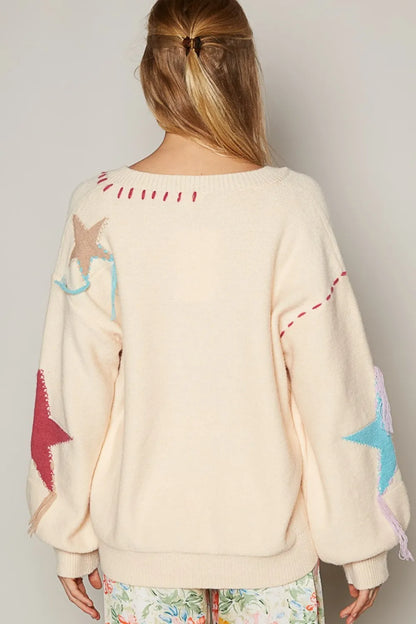 Pale beige POL V-neck long sleeve sweater with star fringe details, stylish and cozy Trendsi women's knitwear.